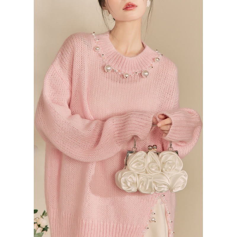 Cute Pink O-Neck Nail Bead Thick Cotton Knit Sweaters Winter