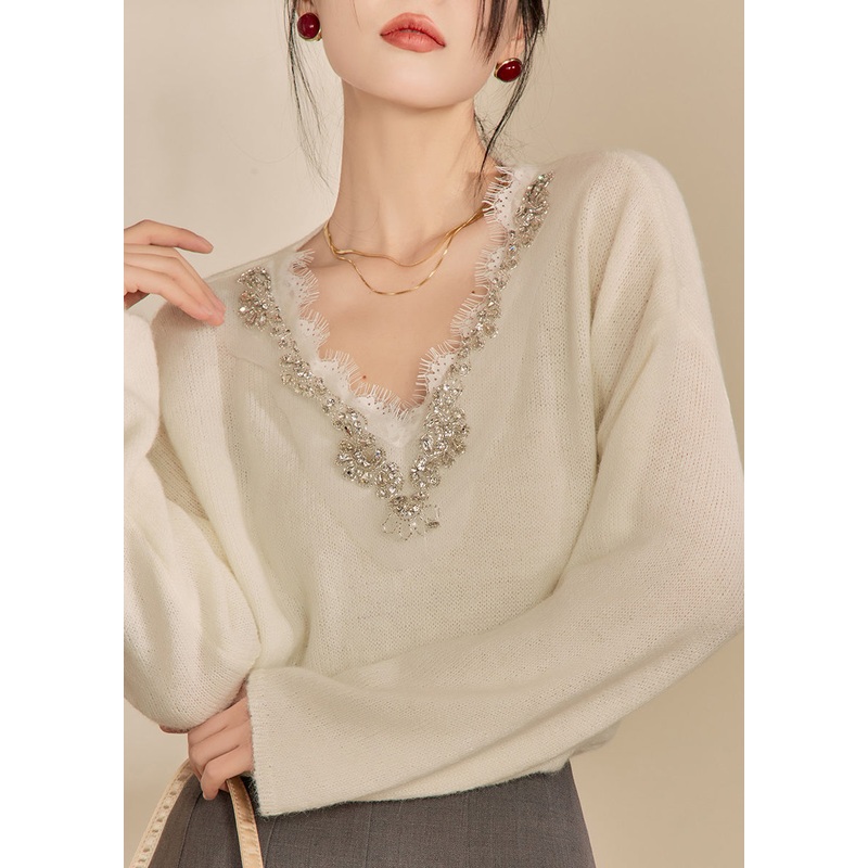DIY Beige V Neck Lace Patchwork Cozy Cotton Knit Sweaters Winter
