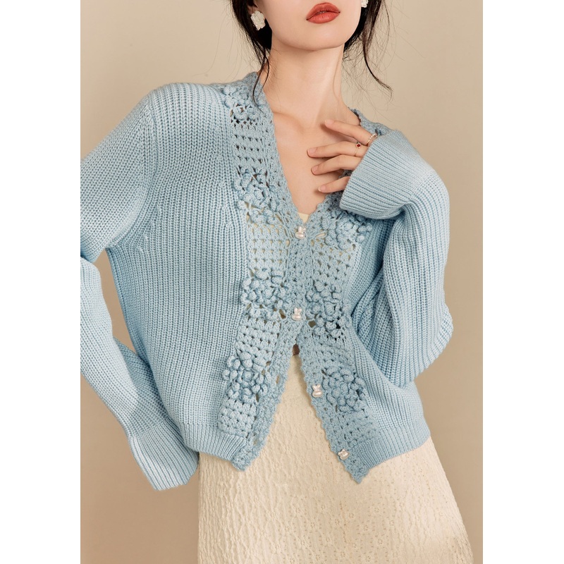 Elegant Blue V Neck Hollow Out Knit Cardigan Fall