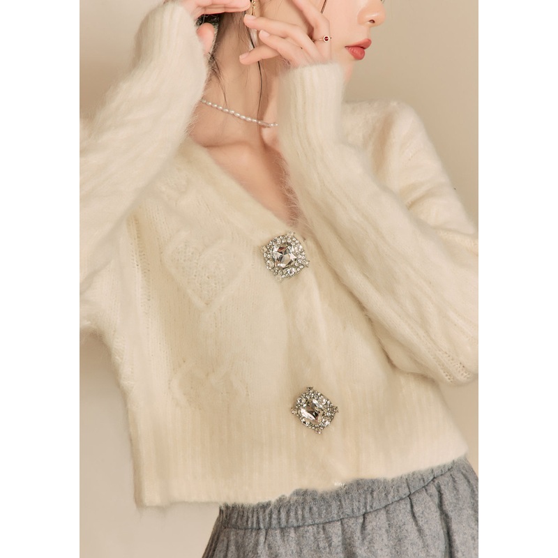 Fashion White V Neck Woolen Short Cardigans Fall
