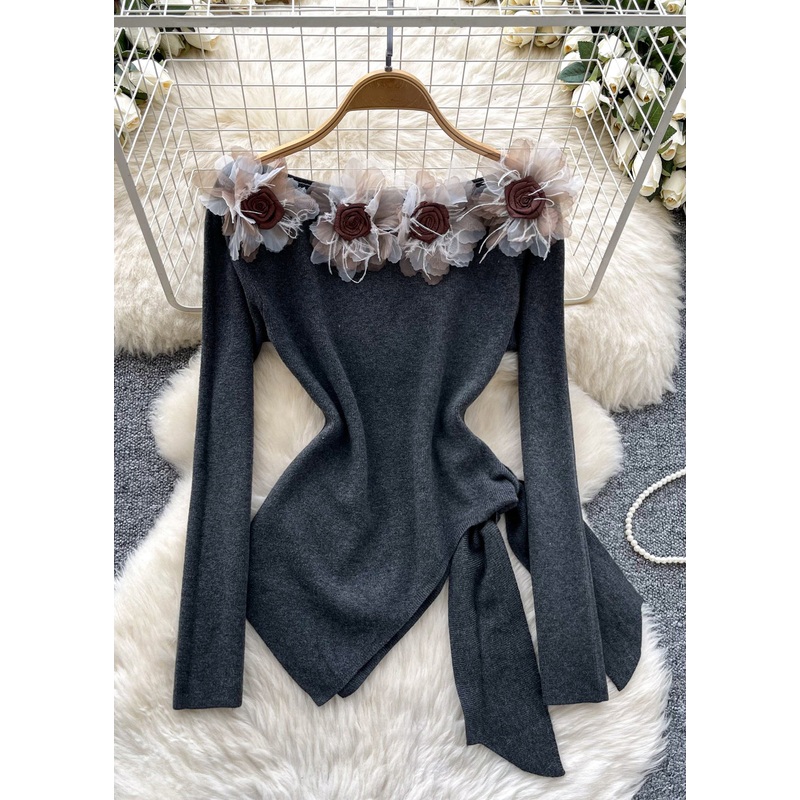 Floral Grey Asymmetrical Lace Up Knitting Cotton T Shirt Winter