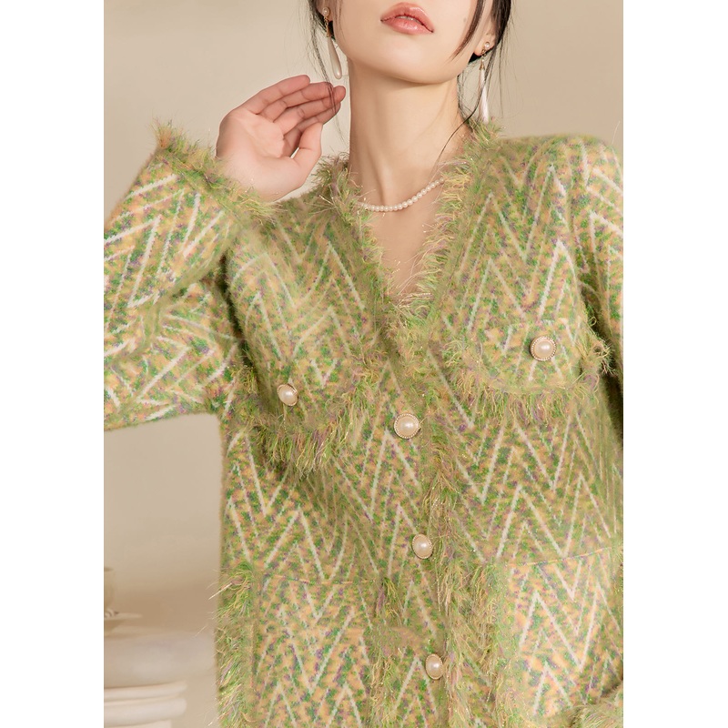 French Green V Neck Print Tassel Button Cotton Knit Cardigans Winter