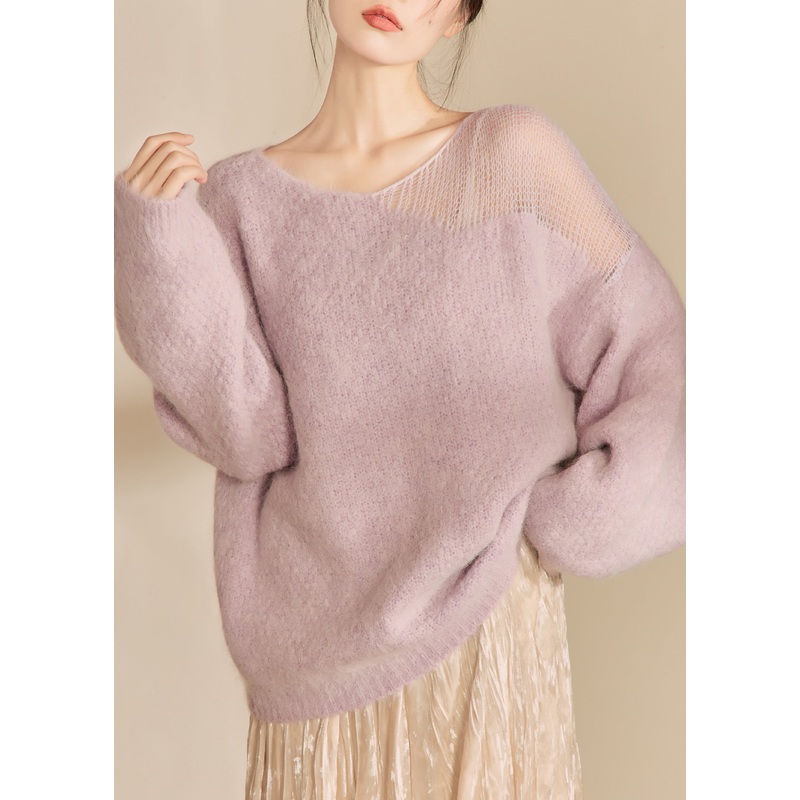 French Purple O Neck Hollow Out Woolen Sweater Tops Fall