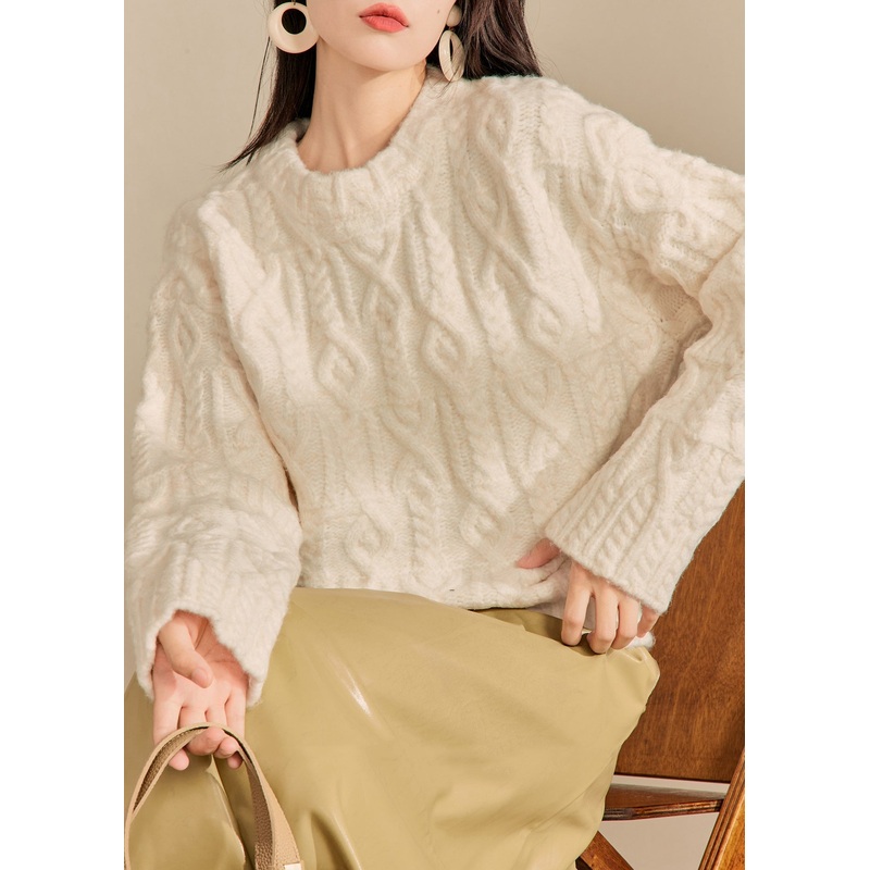 Italian Beige O Neck Thick Cable Knit Sweaters Fall