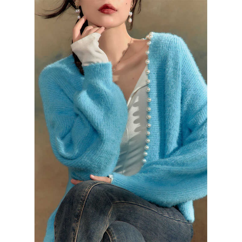 Italian Blue V Neck Nail Bead Cotton Knit Cardigans Winter