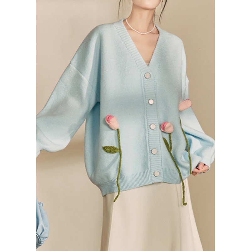 Loose Cozy Blue V Neck Floral Knit Cardigan Fall
