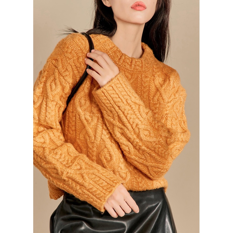 Natural Orange O-Neck Cable Thick Cotton Knit Sweaters Winter