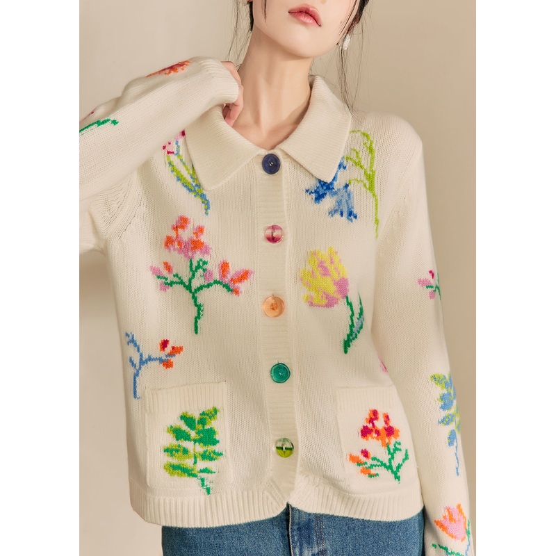 Natural White Peter Pan Collar Pockets Print Cotton Knit Cardigans Winter