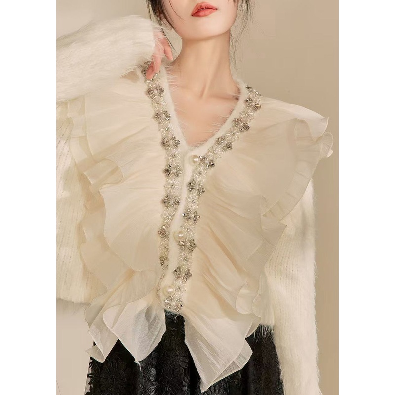Novelty Beige V Neck Patchwork Nail Bead Cotton Knit Sweaters Winter