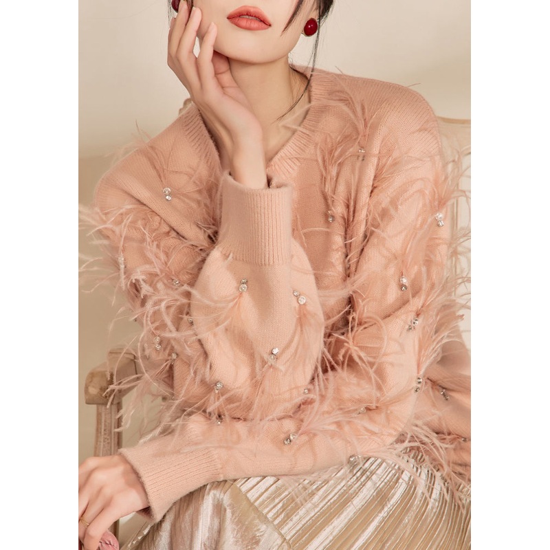 Organic Skin Pink O-Neck Zircon Feather Cotton Knit Sweater Winter