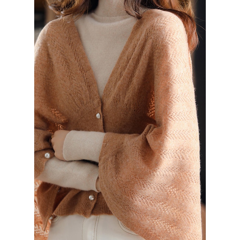 Simple Camel V Neck Button Hollow Out Knit Cape Fall