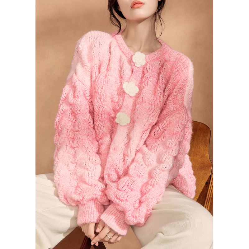 Simple Pink O Neck Floral Button Knit Cardigan Fall