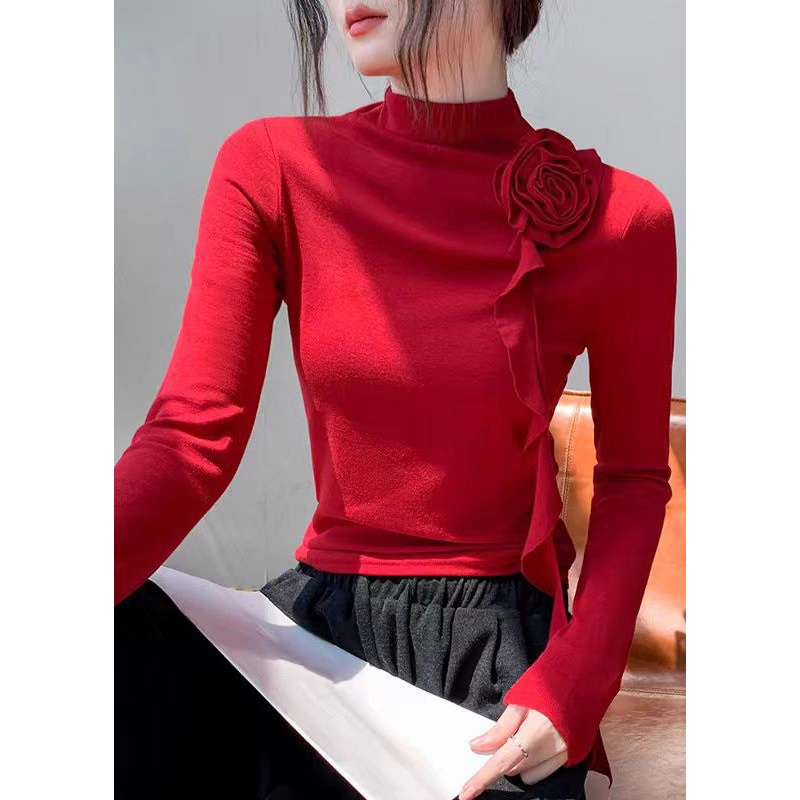 Slim Fit Red Turtleneck Rose Tassel Top Fall