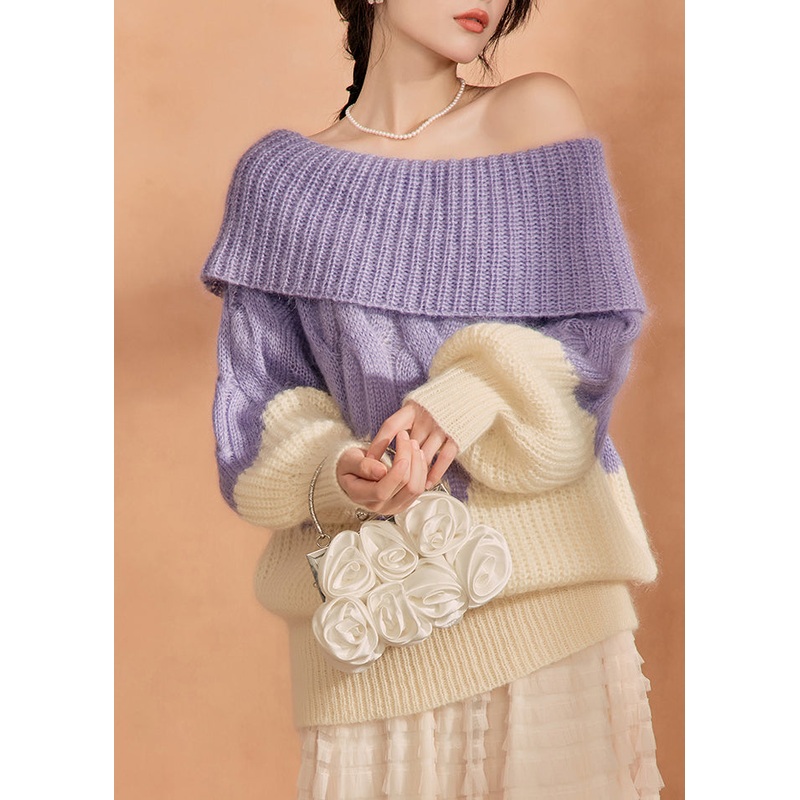 Style Purple Slash Neck Cold Shoulder Patchwork Cotton Knit Sweater Tops Winter