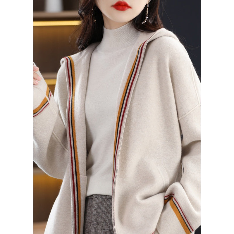 Unique Beige Zippered Patchwork Cozy Woolen Hoodie Cardigans Winter