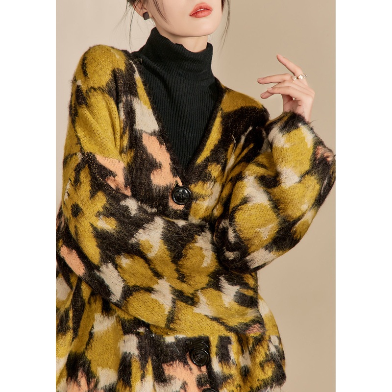 Vintage Colorblock V Neck Print Button Cotton Knit Cardigans Winter