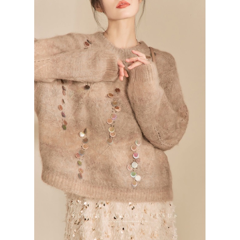 Women Camel O-Neck Sequins Thick Cotton Knit Sweater Winter