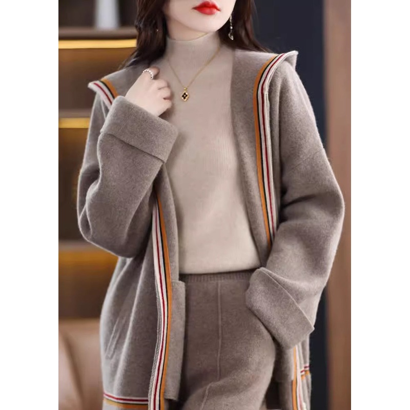 Women Camel Pockets Cashmere Hooded Cardigans Fall