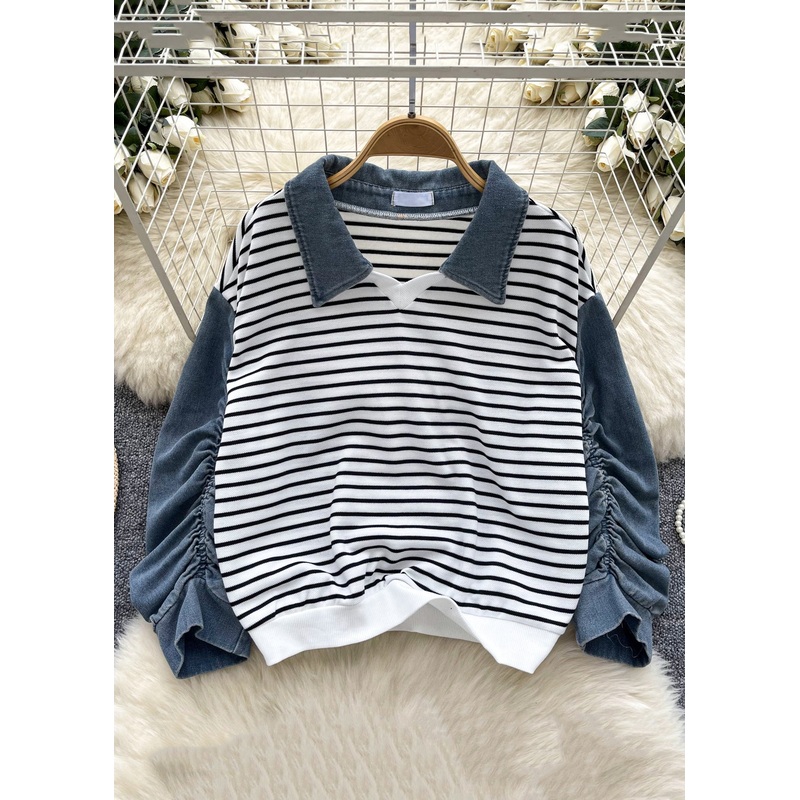 Women White Striped Wrinkled Patchwork Cotton Tops Fall