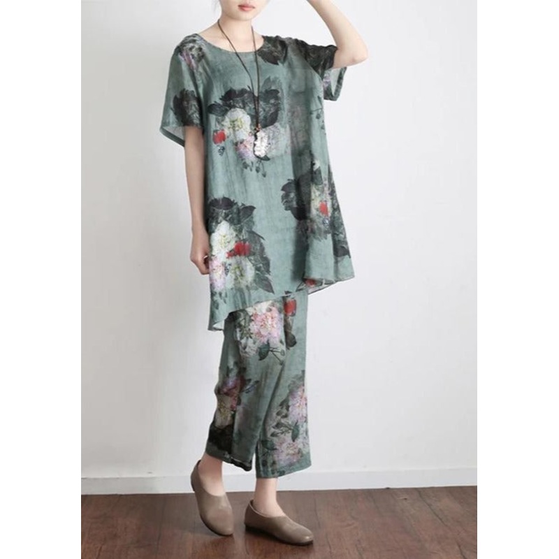 2023 Green Prints Vintage Linen Plus Size T-Shirt Tops And Pants Two Pieces