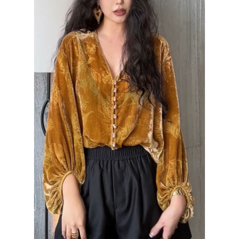 Art Brown V Neck Print Silk Velour Top Lantern Sleeve