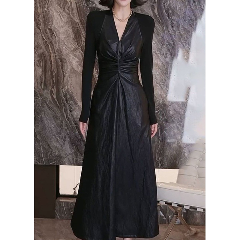 Black Slim Fit Patchwork Faux Leather Dress V Neck Wrinkled Fall