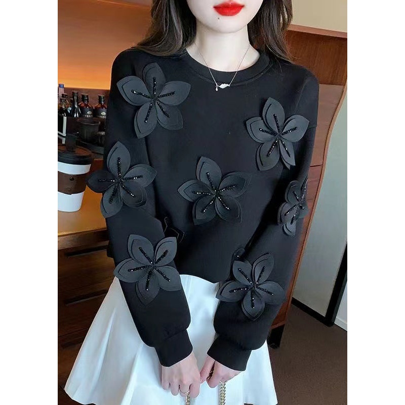 Black Zircon Patchwork Cotton Fall Sweatshirt O Neck