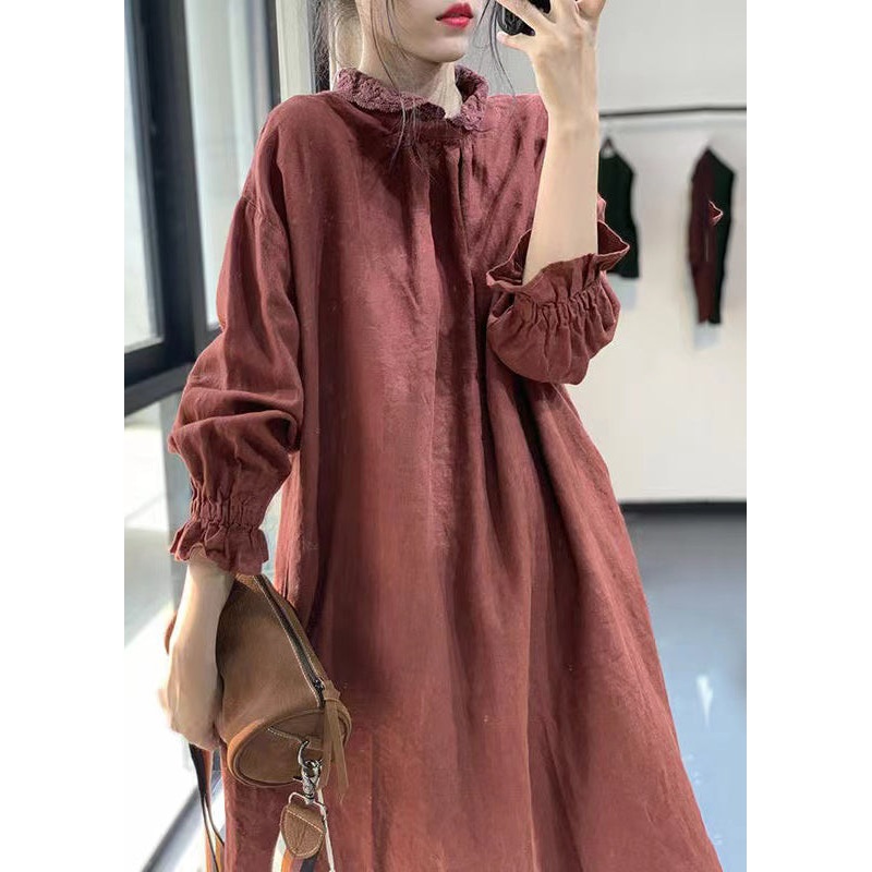 Bohemian Red Peter Pan Collar Lace Patchwork Cotton Dress Fall