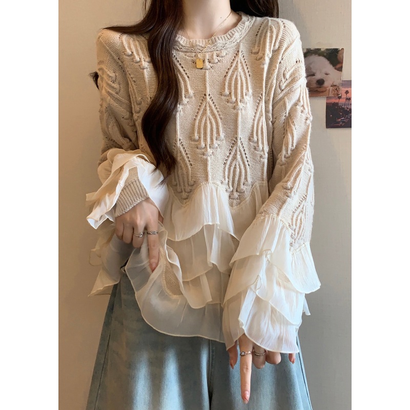 Chic Apricot Ruffled Patchwork Knit Sweater Tops Fall