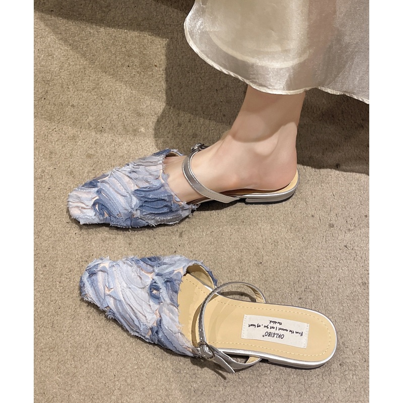 Chic Splicing Blue Cotton Fabric Buckle Strap Slide Sandals