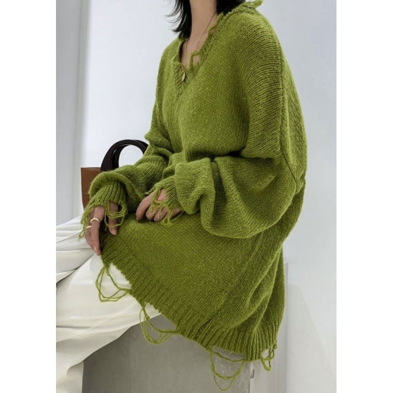 Fashion Green V Neck Ripped Ma Hai Mao Knit Sweaters Winter