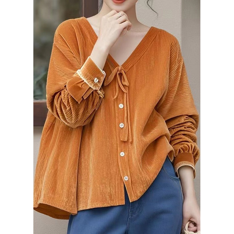 Fitted Orange V Neck Lace Up Silk Velour Shirt Fall