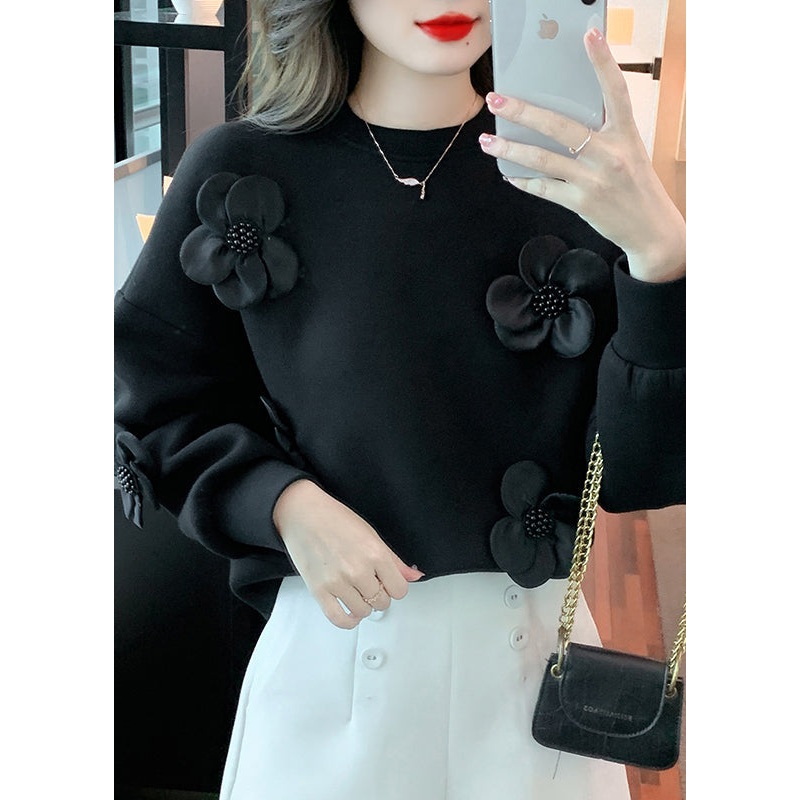 Floral Black O Neck Solid Patchwork Cotton Sweatshirt Fall