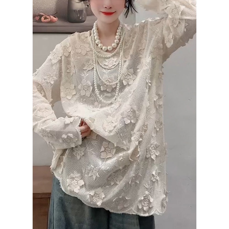 French Apricot O-Neck Floral Decorated Top Fall