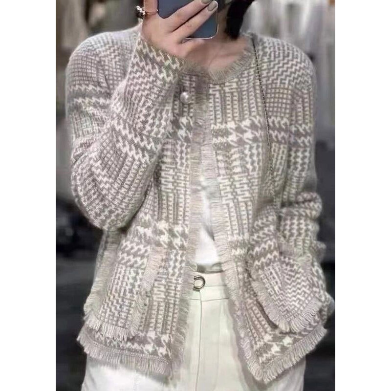 French Light Camel O-Neck Tassel Woolen Cardigan Fall