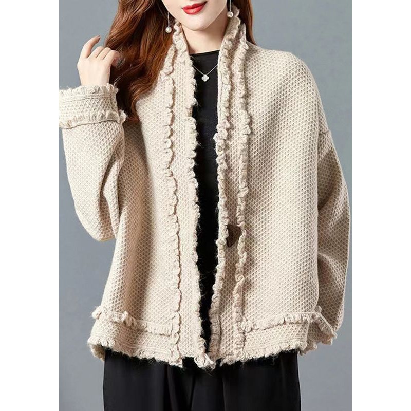 Italian Camel V Neck Ruffled Patchwork Knit Cardigans Fall