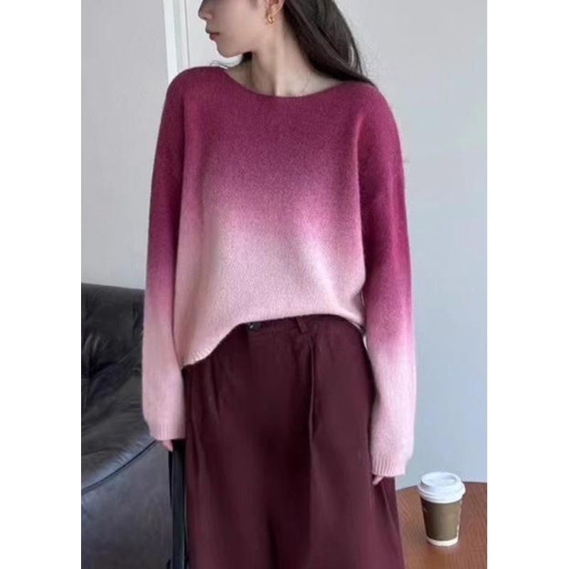 Italian Pink Gradient Color Cozy Knit Sweater O Neck Winter