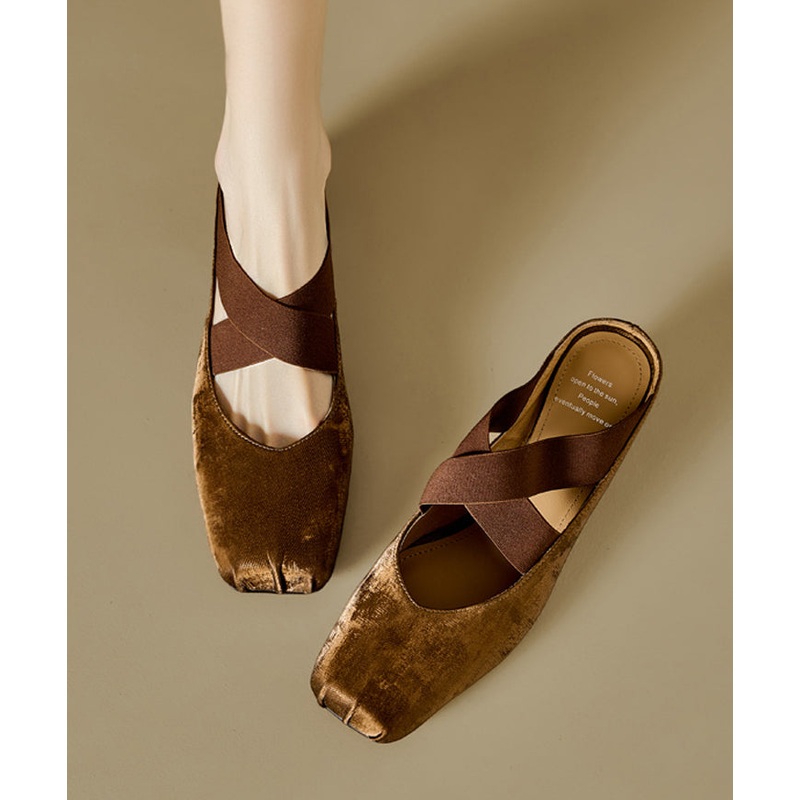 Retro Cross Strap Splicing Chunky Brown Cowhide Leather Slide Sandals