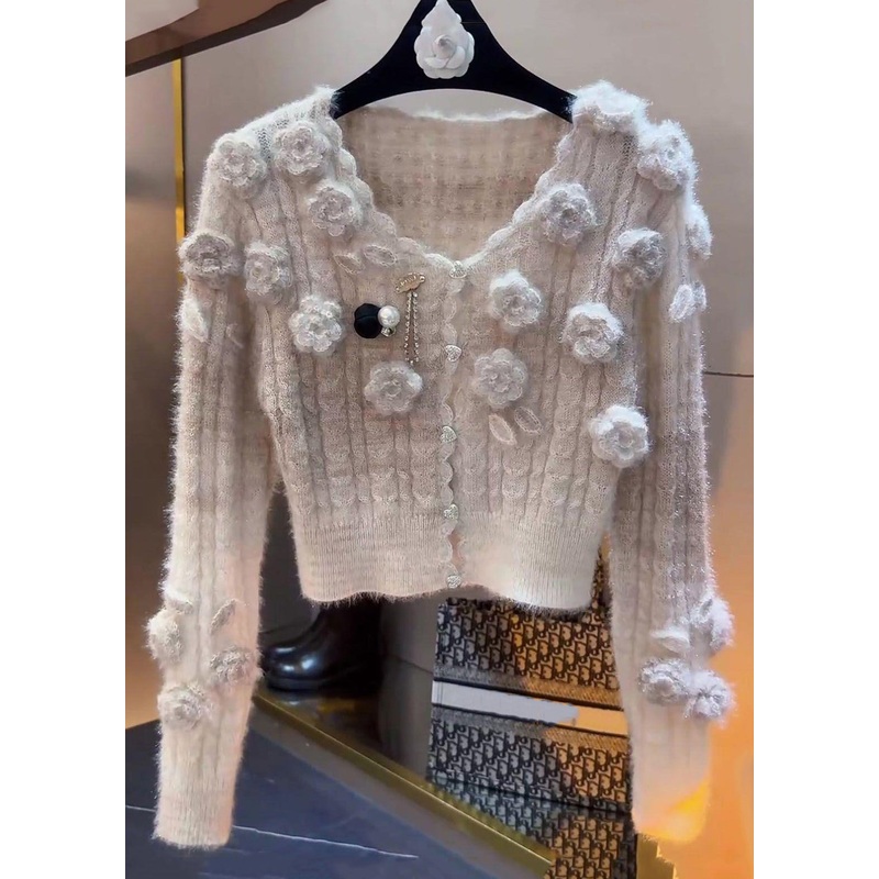 Slim Fit Beige Button Floral Patchwork Knit Sweaters Winter