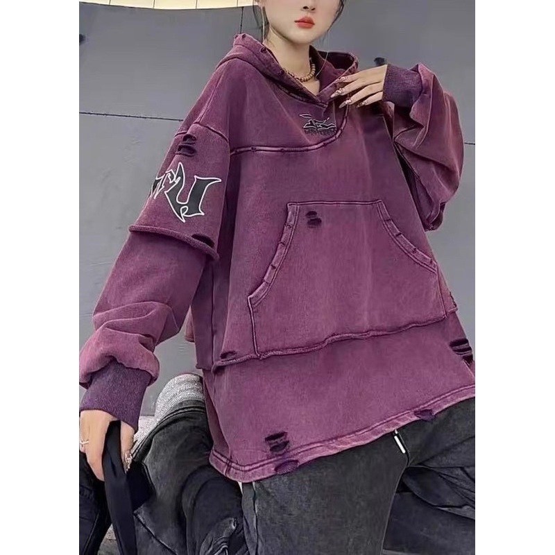 Style Purple Hooded Pockets Patchwork Cotton Sweatshirts Top Fall
