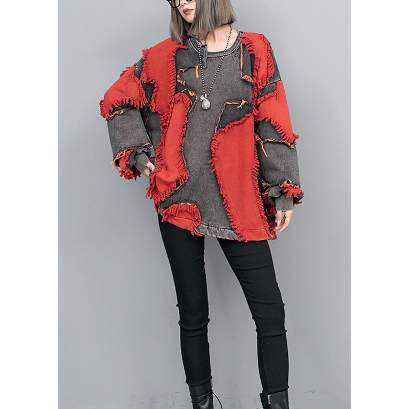 Style Red O Neck Tassel Patchwork Denim Pullover Tops Fall