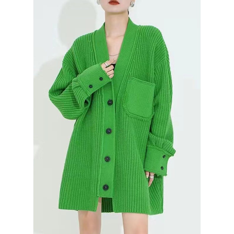 Stylish Green V Neck Button Patchwork Woolen Cardigan Fall