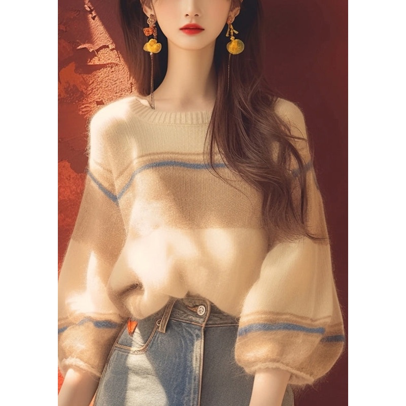 Women Apricot O Neck Cozy Patchwork Knit Sweater Winter