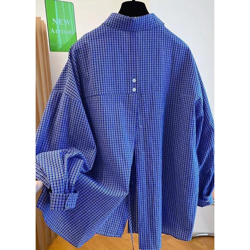 Women Blue Peter Pan Collar Plaid Cotton Shirts Top Fall