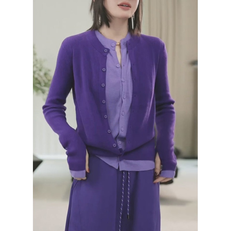 Women Purple Button Patchwork False Two Pieces Knit Sweaters Winte