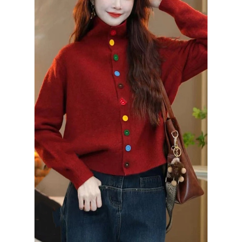 Women Red Turtleneck Button Knit Sweaters Winter