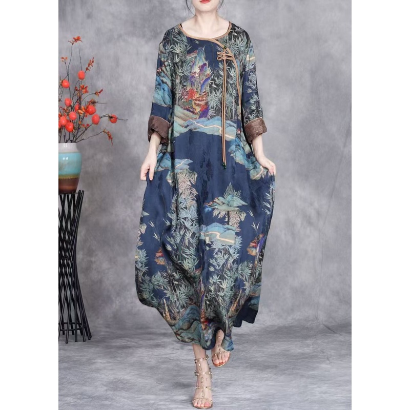 Blue Print Patchwork Silk Long Dresses O Neck Summer