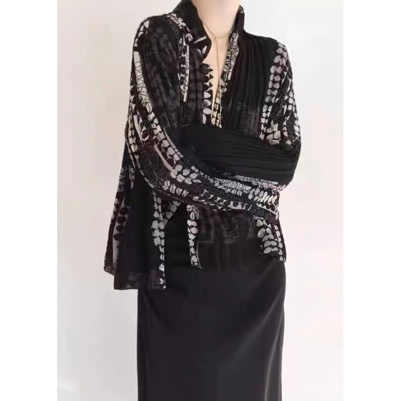 Chic Black Wrinkled Patchwork Tulle Blouse Tops Fall