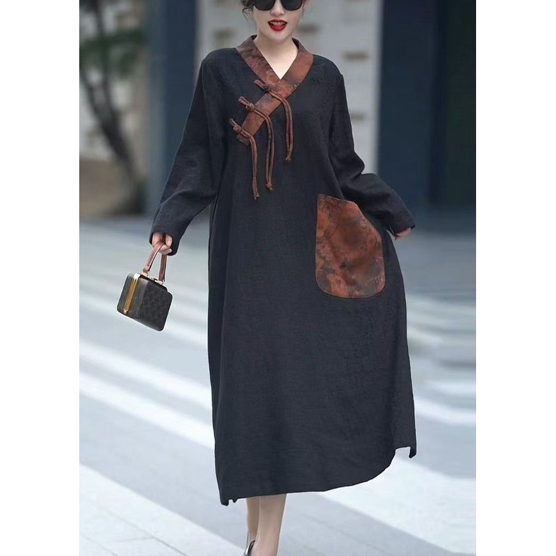 Vintage Black V Neck Chinese Button Pockets Cotton Dresses Fall