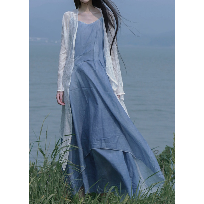 Women Blue Patchwork Cotton Spaghetti Strap Dress Summer